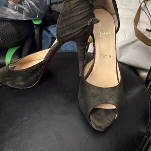 Christian Louboutin Olive Green Suede Peep-Toe Slingback Heels size 10